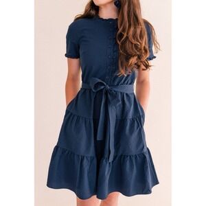 Gal Meets Glam Maisie Dress Navy Blue Ruffle Layered Short Sleeve. Sz S *No Belt